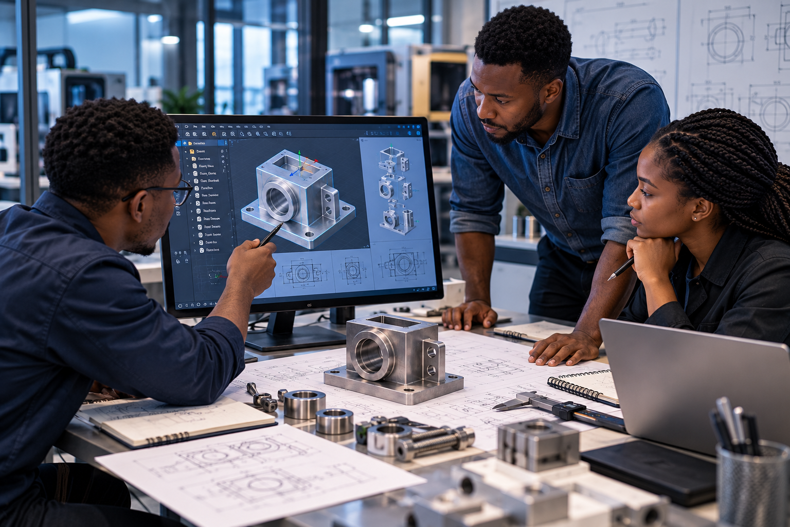 Engineers working together on a technical project